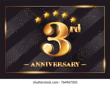 3 Year Anniversary Celebration Vector Logo. 3rd Anniversary Gold Icon with Stars and Frame. Luxury Shiny Design for Greeting Card, Invitation, Congratulation Card. Isolated on Black Background. 