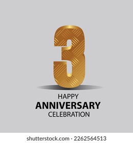 3 year anniversary, Gold shiny metallic numbers set, gold font sign isolated on gray background. Luxury fashion typography design for decoration, web, design, advertising. Vector illustration