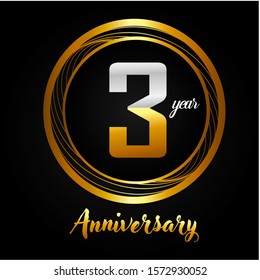 3 year anniversary golden and silver color with circle ring isolated on black background for anniversary celebration event