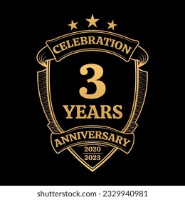 Icono o logo de 3 años. 3.ª celebración del aniversario, etiqueta o insignia de cumpleaños de empresa de negocios. Banner vintage con escudo y cinta adhesiva. Boda, elemento de diseño de invitación. Ilustración vectorial.