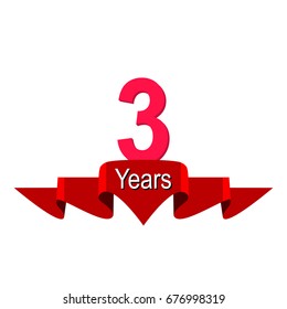 3 year anniversary logo with red ribbon. Flat style vector illustration