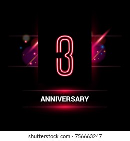 3 Year Anniversary vector logo design using neon style with flare ornament isolated on dark background