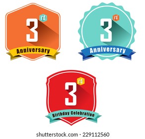 3 year birthday celebration flat color vintage label badge, 3rd anniversary decorative  emblem - vector illustration eps10