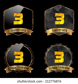 3 year birthday celebration golden label, 3rd anniversary decorative polygon golden emblem - vector illustration eps10