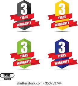 3 Year Warranty Promotional Sale Colorful Sign, Seal Graphic With Red Ribbons. A Specified Period Of Time - Vector.