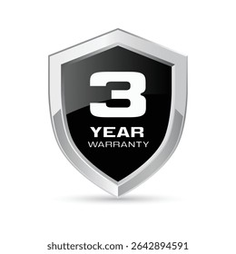 3 year warranty silver metal shield in black color vector illustration. Three year warranty protection icon. Metallic security badge. Black glossy metal emblem.