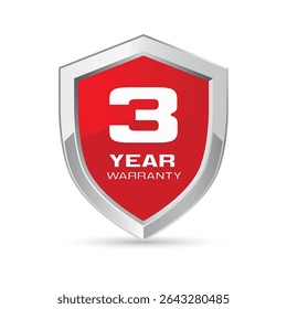 3 year warranty silver metal shield in red color vector illustration. Three year warranty protection icon. Metallic security badge. Red glossy metal emblem.