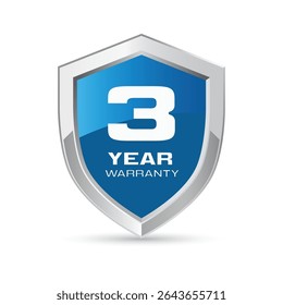 3 year warranty silver metal shield in blue color. Three year warranty shield vector illustration. Metallic security badge.