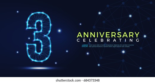 3 years anniversary celebrating numbers vector abstract polygonal silhouette. 3rd anniversary concept illustration consisting of point, mesh and lines
