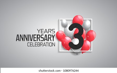 3 years anniversary celebration for company with balloons in square isolated on white background 