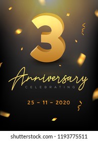 3 Years Anniversary Celebration event. Golden Vector birthday or wedding party congratulation anniversary third.