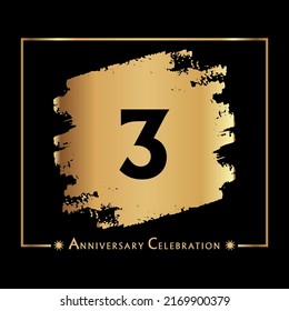 3 years anniversary celebration with gold grunge brush and frame isolated on black background. Creative design for happy birthday, wedding, ceremony, event party, invitation event, and greeting card.