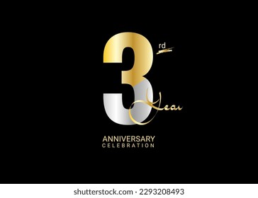 3 Years Anniversary Celebration gold and silver Vector Template, 3 number logo design, 3rd Birthday Logo,  logotype Anniversary, Vector Anniversary For Celebration, poster, Invitation Card