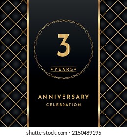 3 years anniversary celebration golden color with circle ring isolated on black background for the anniversary celebration event, wedding, greeting card, birthday party, and Invitation.