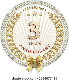 3 years anniversary celebration, greeting card, festive background with jubilee numerals with stars and laurel wreath, birthday card, icon. Vector illustration