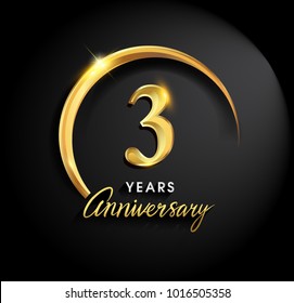 3 years anniversary celebration. Anniversary logo with ring and elegance golden color isolated on black background, vector design for celebration, invitation card, and greeting card