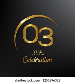 3 years anniversary celebration. Anniversary logo with swoosh and elegance golden color isolated on black background, vector design for celebration, invitation card, and greeting card