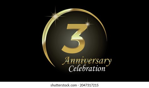 3 years anniversary celebration. Anniversary logo with ring in golden color isolated on black background with golden light, vector design for celebration, invitation card and greeting card