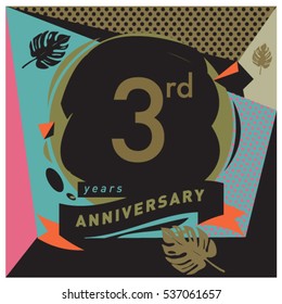 3 years Anniversary celebration logo, with Memphis design style. Colorful Vector illustration template elements for your birthday party.