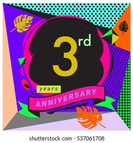 3 years Anniversary celebration logo, with Memphis design style. Colorful Vector illustration template elements for your birthday party.