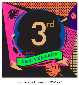 3 years Anniversary celebration logo, with Memphis design style. Colorful Vector illustration template elements for your birthday party.