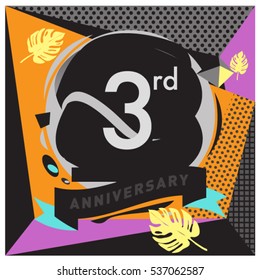 3 years Anniversary celebration logo with memphis design style. Colorful Vector illustration template elements for your birthday party.