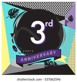 3 years Anniversary celebration logo with memphis design style. Colorful Vector illustration template elements for your birthday party.