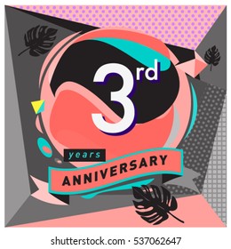 3 years Anniversary celebration logo with memphis design style. Colorful Vector illustration template elements for your birthday party.