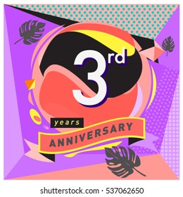 3 years Anniversary celebration logo with memphis design style. Colorful Vector illustration template elements for your birthday party.
