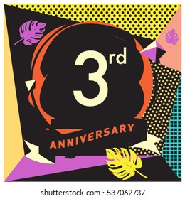 3 years Anniversary celebration logo with memphis design style. Colorful Vector illustration template elements for your birthday party.