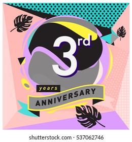 3 years Anniversary celebration logo with memphis design style. Colorful Vector illustration template elements for your birthday party.