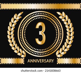 3 years anniversary celebration logotype. Vector and illustration in gold and black background