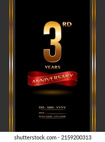 3 years anniversary celebration logotype with elegant gold color and ribbon for booklet, leaflet, magazine, brochure poster, banner, web, invitation or greeting card. Vector illustrations.