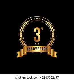 3 years anniversary celebration logotype with golden laurel and wreath, for booklet, leaflet, magazine, brochure poster, banner, web, invitation or greeting card. Vector illustrations.