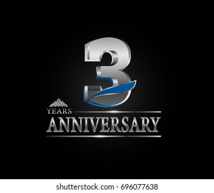 3 years anniversary celebration logotype. anniversary logo with silver color and tiny wing isolated on black background, vector design for celebration, invitation card, and greeting card
