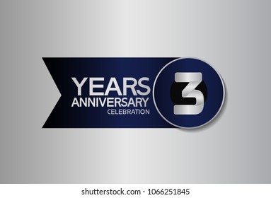 3 years anniversary design celebration silver with blue circle and ribbon isolated on silver background