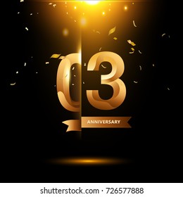 3 Years Anniversary with gold stylized number and confetti. Applicable for brochure, flyer, Posters, web and Banner Designs. Vector illustration.