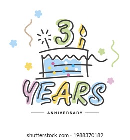 3 Años Aniversario tipografía manuscrita tarjeta de felicitación con torta grande colorida, fuego brillante, número, vela y confetti