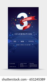 3 years anniversary invitation card - celebration template design with dark blue background - vector illustration