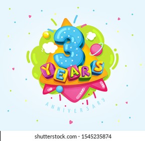 3 years anniversary. kids color vector illustration