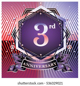 3 years anniversary logo celebration with ring and ribbon. Symbol and template for greeting card