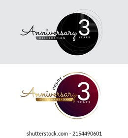 3 years anniversary logo with creative circle element. Poster template for Celebrating 3th event. Design for banner, magazine, brochure, web, invitation or greeting card. Vector illustration