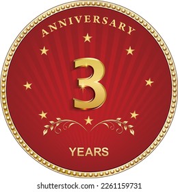 3 years anniversary logo design with laurel branches in golden circle on red background with rays and stars. Vector illustration
