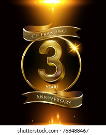 3 years anniversary logo with shiny ribbon and golden ring isolated on black background