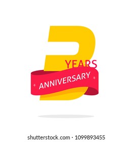 3 years anniversary logo template isolated on white, number 3 anniversary icon label with red ribbon, three year birthday seal symbol clipart