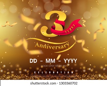 3 years anniversary logo template on gold background. 3rd celebrating golden numbers with red ribbon vector and confetti isolated design elements