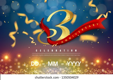 Plantilla del logotipo del aniversario de 3 años sobre fondo dorado y azul. 3ª celebración de los números dorados con Vector de cinta roja y Elementos de diseño aislados de confeti