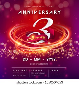 3 years anniversary logo template on red and pink Abstract futuristic space background. 3rd modern technology design celebrating numbers with Hi-tech network digital technology concept design elements