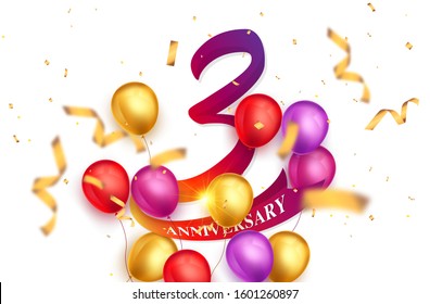 3 years anniversary logo template design on white background and balloons. 3rd anniversary celebration background with red ribbon and balloons. Party poster or brochure template. Vector illustration.