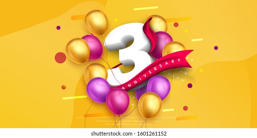 3 years anniversary logo template design on yellow background and balloons. 3rd anniversary celebration background with red ribbon and balloons. Party poster or brochure template. Vector illustration.